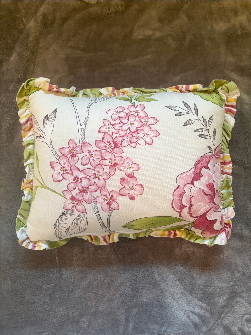 Floral Pink & Green Ruffled Decorative Pillow